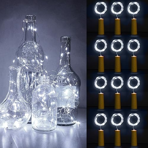 Vicloon 12 Stück Weihnachtsbeleuchtung, 2M 20 LEDs Glas Korken Licht Lichterkette, Flaschenlichterkette Korken mit 12 Ersatzbatterien, für Garten, Hochzeit, LED Weihnachten Deko (Kaltesweiß)