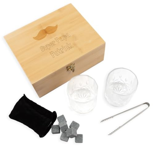 Ocadeau Caja de degustación de Whisky Personalizada - Caja de Madera grabada - Vasos, Piedras para Whisky y Pinzas para Hielo