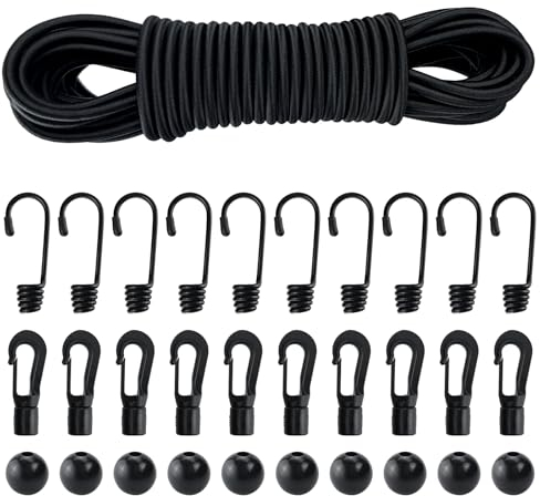 Gummiseil Gummileine 4mm - 10m, Elastisches Seil Set mit Spiralhaken, Autolock Haken, Kugel, Gummischnur Elastisches Expanderseil für Schwimmbad, Segeln, Camping, Plane, Anhänger, DIY - Schwarz