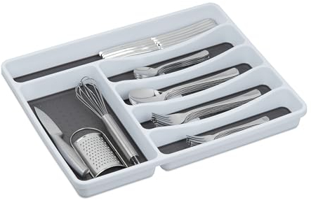 Relaxdays Boîte à couverts pour tiroir, lot de 2, range-couvert, rangement de cuisine, ustensiles, 4,5x33x40 cm, blanc/gris