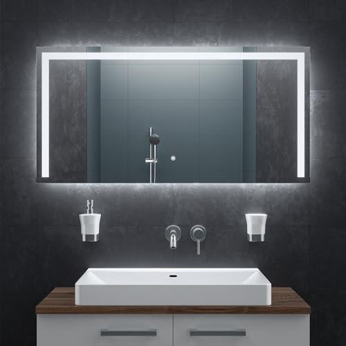 BR Bringer LED Badspiegel - 120x60 cm - Badezimmerspiegel mit Beleuchtung und Anti-Beschlag Funktion - Dimmbar, Energiesparend, 3 Lichtfarben, Touch-Schalter und Speicherfunktion (Modell: BRS105)