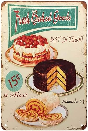 Blechschild mit Aufschrift Fresh Baked Goods, Kuchen-Creme-Ring, frische leckere Erdbeere, Obst, Lebensmittel, Schokolade, Dessertteller, Vintage-Blechschilder für Cafés, Bars, Pubs, Laden, Wand,