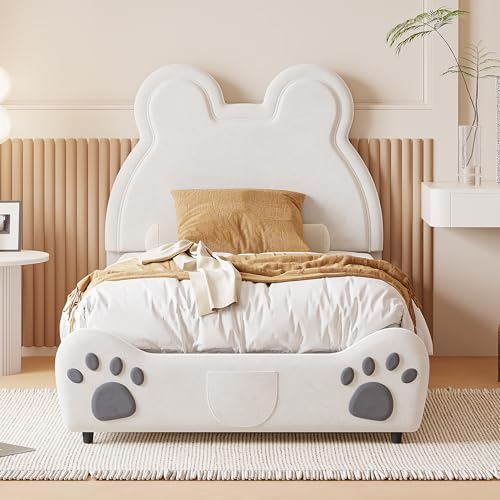 FEZTOY Bett 90x200 mit Lattenrost Kinder Mädchen Einzelbett, Kinderbett, Bärenform, Bettgestell, Jugendbett, Bett für Jungen und Mädchen, Velours, ohne Matratze