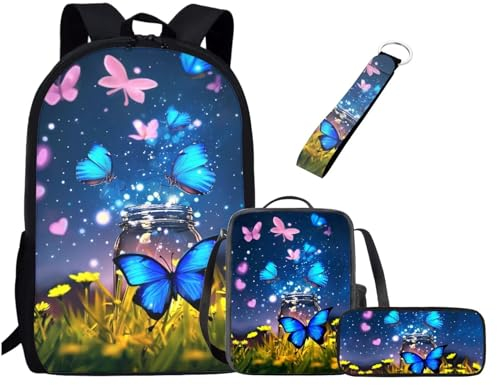 UOIMAG Girls Butterfly School Bag Set for Kids Backpack Set with Lunch Bag, Pencil Case, Keychain, Travel Bags 4pcs