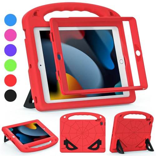 GOZOPO Kids Case for iPad 9th/8th/7th Generation (10.2 Inch,2021/2020/2019) | with Built-in Screen Protector and Kickstand, Shockproof Lightweight Handle Cover for i Pad 9/8/7 Gen 10.2, Red