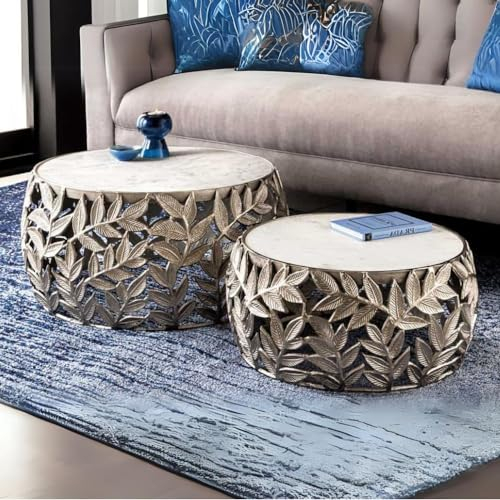 LEBENSwohnART Extravagantes Couchtisch-Set RIXOS-Leaf ca.70cm Metall Silber Marmor Handarbeit