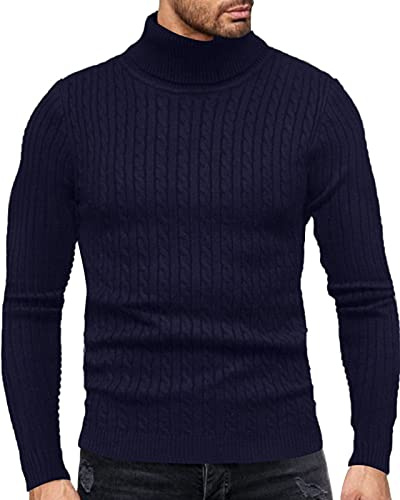 Fastkoala Hommes Pulls Col roulé Pullover Chaud Basique Jumper Tricot Cardigan Tops Régulier Slim Fit Marine XXL