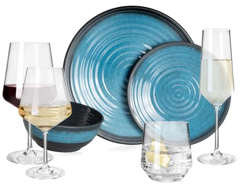 Melamin Camping Geschirr Set 4 Personen Stone Blue + 16 Milano Gläser Wassergläser Weingläser Champagner-Gläser Flûtes Tafelgeschirr Picknick BBQ Kochgeschirr
