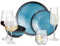 Melamin Camping Geschirr Set 4 Personen Stone Blue + 16 Milano Gläser Wassergläser Weingläser Champagner-Gläser Flûtes Tafelgeschirr Picknick BBQ Kochgeschirr