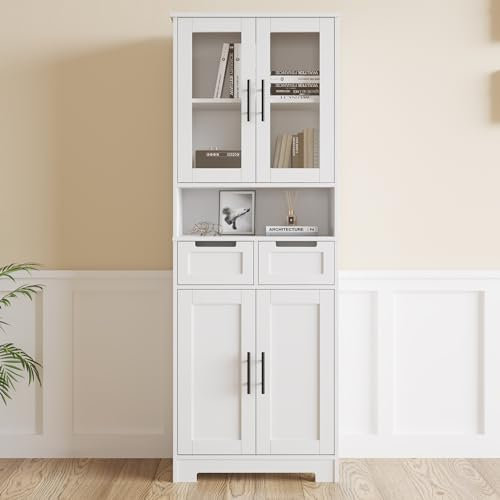 LEADZM Buffet Haute Cuisine, Meuble de Rangement avec 4 Portes et 2 Tiroirs, Grande Capacité pour Salon, Chambre ou Bureau - 60 x 30 x 170 cm (4 Portes)