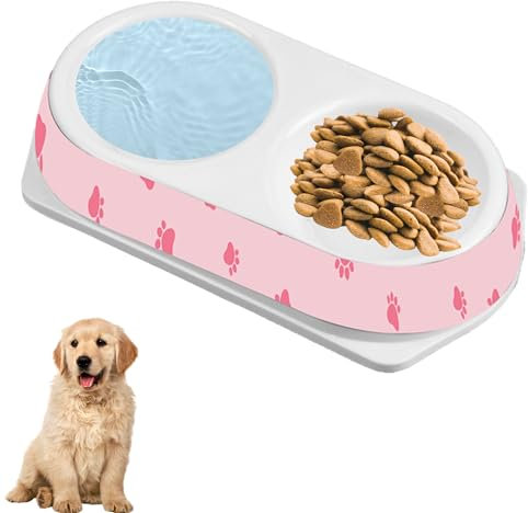 Pink Pet Double Diner Bowl- Dual Feeder for Cats and Dogs with Paw Print | 2 Plastic Bowls for Food & Water | Spill-Proof, Non-Skid Base, Durable & Easy to Clean