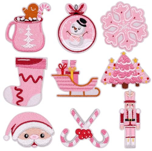 LNESEAU 9PCS Christmas Pink Iron on Embroidered Patches for Clothes, Cute Iron on Knee Repair Patches Kit Sew on Applique Patches for Kids Women Girls DIY Decoration Hats Craft Gifts Backpacks Jeans