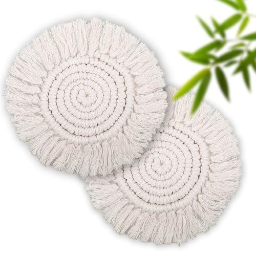 2 Stück Boho Gläser Untersetzer Tischschutz Handgemachte Untersetzer für Getränke, Weiß Rund Tassenuntersetzer Glasuntersetzer Dekorative Coasters für Vasen Kerzen Geburtstag Einweihungsgeschenk