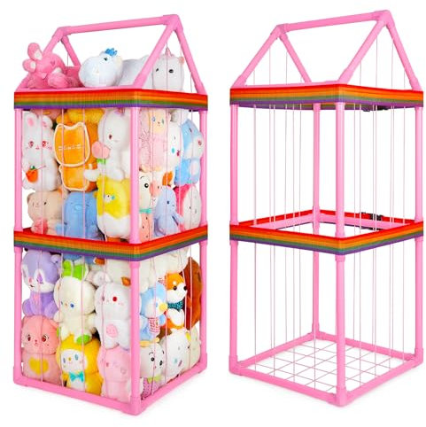 Unicorn Castle Stuffed Animals Storage Large Soft Toy Storage Cuddly Toy Storage with Elastic Band for Nursery Playroom Bedroom,108x45.5x45.5CM,Pink
