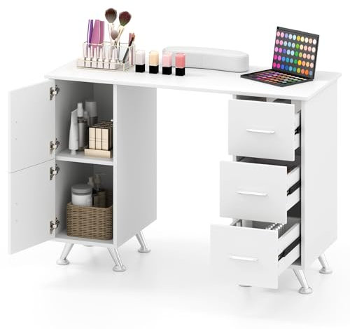 RELAX4LIFE Maniküretisch, Nageltisch mit Schubladen und Schränken, Nagelstudio Tisch mit Handauflage, Nageldesign Tisch mit Metallbeinen für Zuhause, Schönheitssalon, Nagelstudio, Make-up (Weiß)