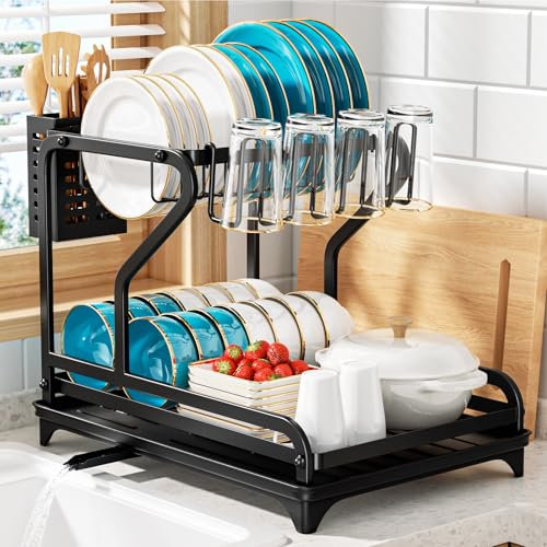 BKXCHA Escurreplatos de Acero Inoxidable Escurridor de Platos de 2 Niveles Gran,Escurridor de Platos para Fregadero con Drenaje Automático, Soporte para Utensilios, Portavasos-Negro