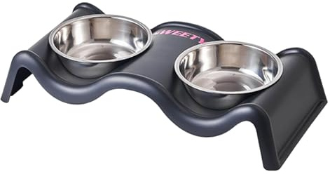 Doppelnapf für Haustiere aus Edelstahl, Katzenfressnapf Hundefressnapf Spritzschutz Ständer Katzennapf Hundenapf Anti-Rutsch Napf für Futter und Wasser (Welle BK,AS Show)