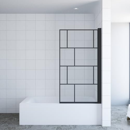 Duschabtrennung Badewanne ohne bohren schwarz Dekor Kariert 80 x 140 cm Badewannenaufsatz Duschtrennwand Glas Faltwand Badewannenfaltwand Duschwand Glas Dusche Handtuchhalter 5 mm Sicherheitsglas NANO