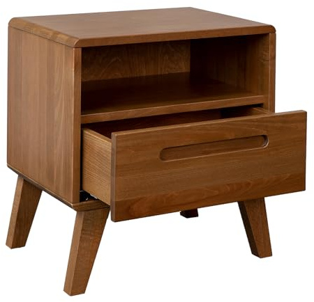 Nachttisch Strade Buche massiv 50x34x52 cm – Holz-Nachttisch in Amerikanischer Nussbaum, Soft-Close Blum, Wasserlack, Schublade mit Griffmulde, hochwertig & nachhaltig (Rustikales Teakholz)