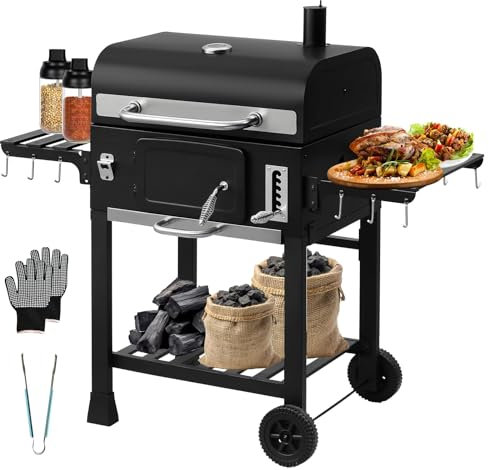 TEENO -Barbacoa Carbon de Leña XXL Exterior, Parrilla Barbacoa Portatil con Tapa, Termómetro, Guantes Anticalor, Chimenea Y Abridor de Botellas Integrados.
