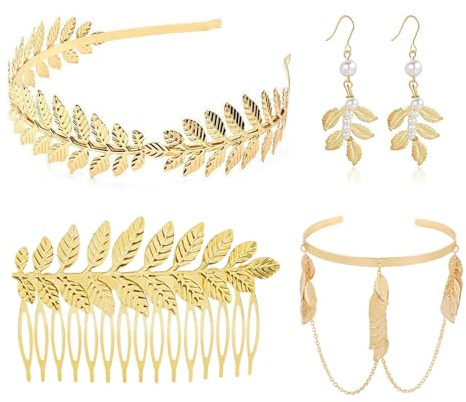 FUIPVGI 4 Stück Griechische Göttin Kostüm Zubehör, Braut Krone Tiara, Lorbeerkranz Haarspange Armband Goldene Hochzeit Boho Blatt Haar Krone Accessories, für Party Halloween