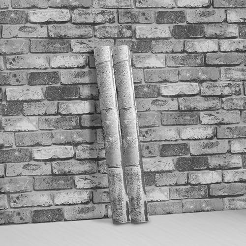 Camiraft Rustic Grey Brick Wallpaper 2 Rolls 3D Effect Blocks Vintage Brick Faux Textured Wallpaper for Living Room Bedroom Fireplace Laundry Room Christmas Wall Decor
