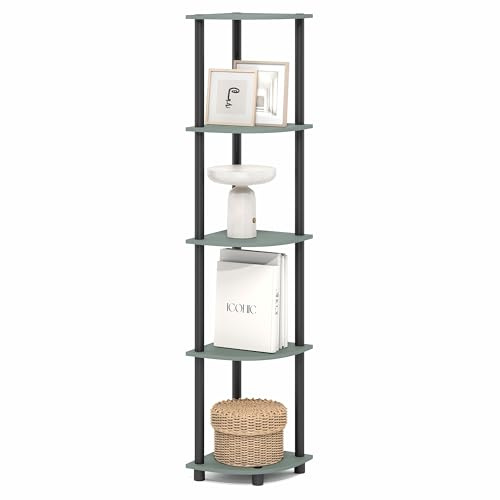 Furinno TURN-N-TUBE Corner Shelf, 5-Tier Corner Bookshelf, Open Storage Shelves, for Organization and Storage, Living Room, Home Office, Garage, Bedroom, Sage Green