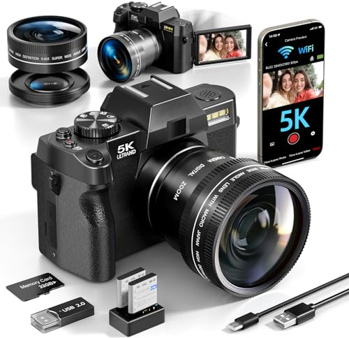 Appareils Photo numériques 5K et 64MP pour la Photographie et la vidéo, Appareil Photo Vlogging pour Youtube, Appareil Photo Compact, WiFi et Lens Grand Angle et Macro