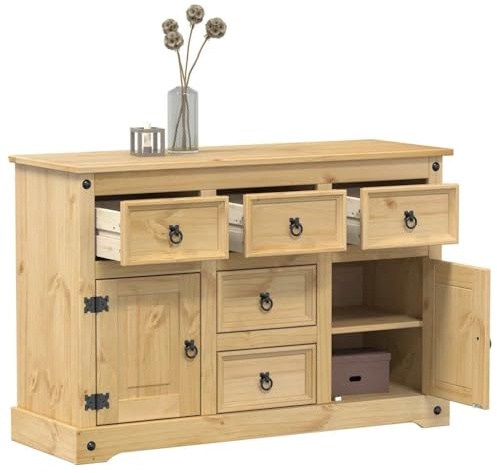 QJBSAVVA Solid Pine Corona Sideboard 112x40x75 cm Small Kitchen Cupboard Buffet with 2 Doors 3 Drawers Rustic Brown Storage Cabinet for Living Room Dining Hallway