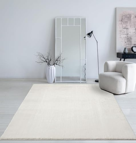 Mia´s Teppiche Taos – kuscheliger Kurzflor Teppich in Felloptik, super Soft & waschbar bis 30°C, mit Anti-Rutsch-Unterseite, Wohnzimmer & Schlafzimmer, Made in Türkiye, Creme, 240 x 240 cm