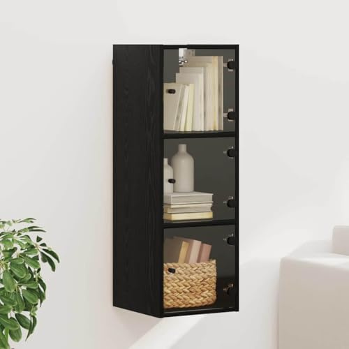 Yisssmeng Armoire de rangement murale, moderne, 35 x 37 x 102 cm, noire, aspect chêne, portes en verre, 3 compartiments, peu encombrant, pour salon, maison, bureau, couloir