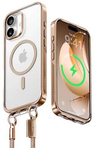 CASEKOO Linkoo für iPhone 17 Hülle mit Band,【Patentiertes ClipSafe】: Versteckter Klapp-Clip, Glänzende Handyhülle für iPhone 17, Kompatibel mit MagSafe, Transparente Rückseite, Gold