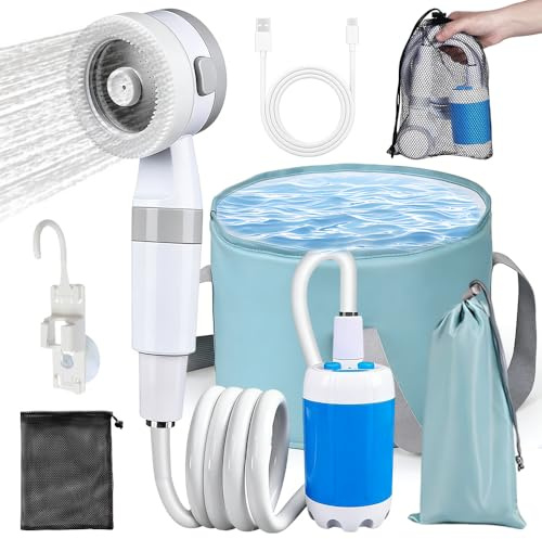 Rppiup Portable Shower Camping, Rechargeable 6000mAh Camping Shower with 15L Foldable Bucket, 3 Modes Waterproof portable Electric Shower, Camping Showers for Outdoor Hiking Travel Car Pet