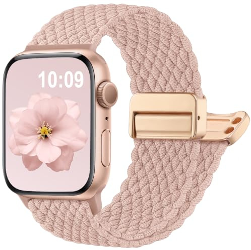 PIOWNN Geflochtenes Armband kompatibel mit Apple Watch Armband 40mm 41mm 38mm 42mm - Series 11 10, Elastisches Nylon Sportband mit Magnetverschluss für iWatch SE 3 2 Series 11 10 9 8 7 6 5 4, Rosa