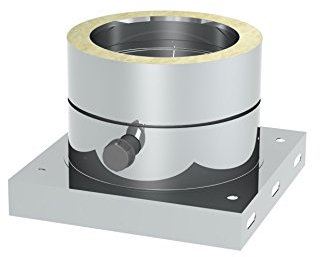 Schornstein - Grundplatte DW doppelwandig mit 1/2“ Außennippel, Verschlusskappe und Kondensatablauf seitlich; Innen/Außen je 0,5 mm Wandstärke; Ø 250mm Innendurchmesser, Edelstahl