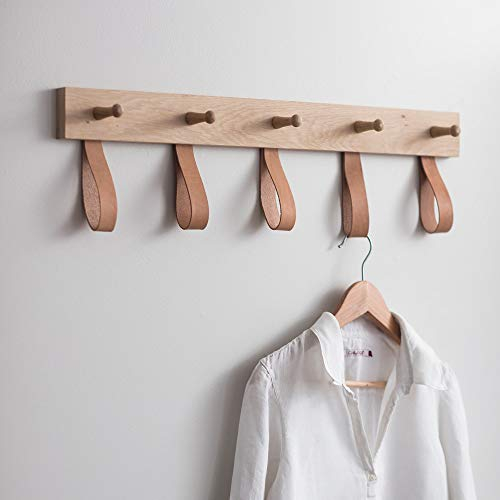 CKB LTD Raw Oak and Leather 5 PEG Rail for Hallway Or Bedroom Wall Mounted Rail Hanger for Coats Hats Drape Scarves Key Hook - Large H20 x W75 x D6.5cm