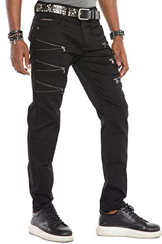 Cipo & Baxx Herren ausgefallene Denim Straight Fit Designer Jeans Hose mit Reißverschluss Schwarz W33 L34