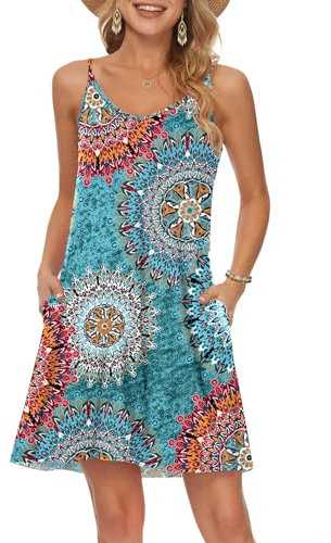 MISFAY Summer Casual Dresses for Women Beach Dress Spaghetti Strap Swing Mini Dress with Pockets Print Green XL