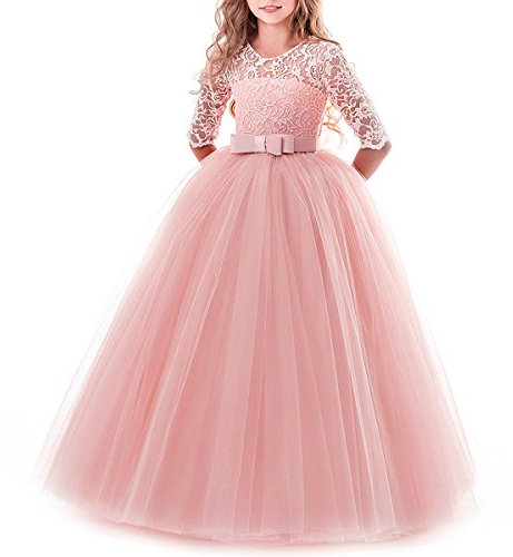 Flower Girls Lace 3/4 Sleeve Dress Wedding Bridesmaid First Communion Evening Party Floor Length Dress Kids Princess Pageant Birthday Prom Carnival Christmas Ball Gown Pink 5-6 Years