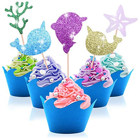 Get Fresh Narwhal Cupcake Toppers and Wrappers Set – 25-Stück Glitzer Narwhal Kuchendekoration Topper and Wrapper Set für Meer Party – Einhorn des Meeres Maffin und Cupcake Kuchenaufsätze Dekorationen