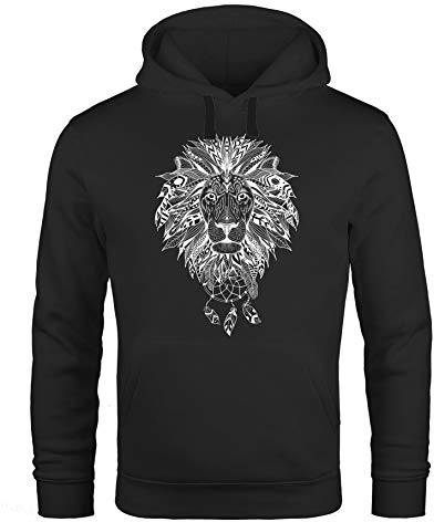 Neverless® Hoodie Herren Aufdruck Löwe Boho Style Atzekenmuster Traumfänger Ethno-Print Kapuzen-Pullover Männer schwarz S