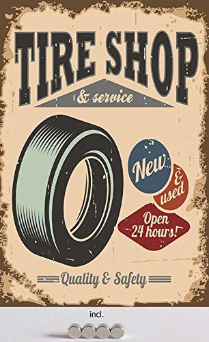 Blechschild 20x30cm gewölbt incl. 4 Magneten Tire Shop & Service Garage Reifen Werkstatt Deko Geschenk Schild Auto