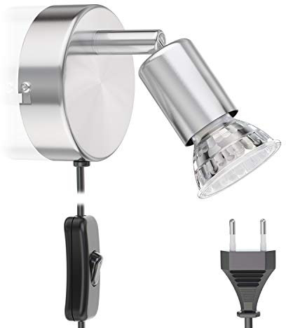 ledscom.de Leselampe Bettleuchte LUNARA, Schalter, Stecker, Edelstahl, chrom matt, inkl. LED GU10 Lampe (warmweiß, 2,339W, 227lm, 110°)