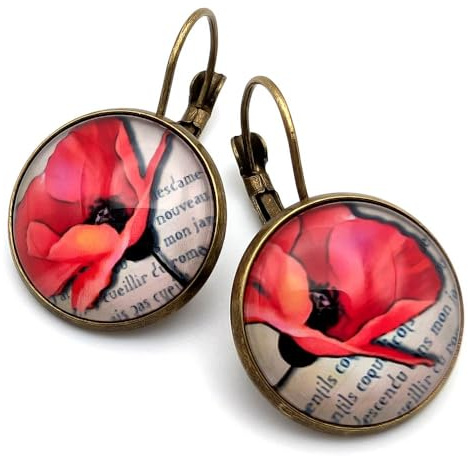 Boucles d’Oreilles Femme Pendantes Dormeuses – Cabochon Verre Coquelicots Rétro Carte Postale Ancienne – Bijou Vintage Romantique – Idée Cadeau Femme