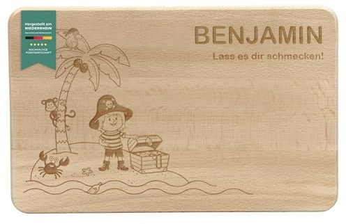 LAUBLUST Frühstücksbrettchen Kinder - Personalisiert mit Gravur - Pirat - Geschenk Brettchen 24x15cm, Holz FSC®