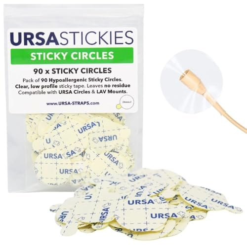 URSA Sticky Circles – Packung mit 90 Stück. Vorgeschnittene 24-mm-Sticky Circles für eine zuverlässige Mikrofonplatzierung. zertifiziert hypoallergen. Hergestellt in Großbritannien