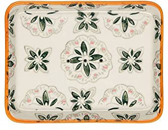Tranquillo Eckige Seifenschale Tropical aus Steingut mit floralem Print, abgerundeten Ecken mit Löchern für den Wasserablauf, 13.5 x 10.5 x 1.5 cm