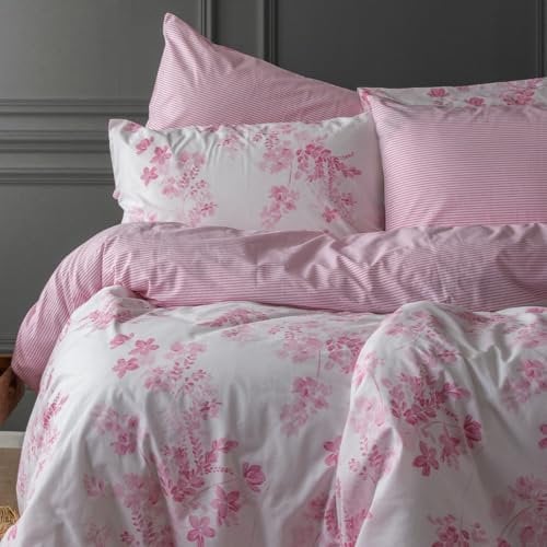 LERUUM Double Duvet Cover Sets Cotton Bedding Set Pink Floral Striped Reversible Shabby Chic Quilt Cover Bed Set (Pink Double)