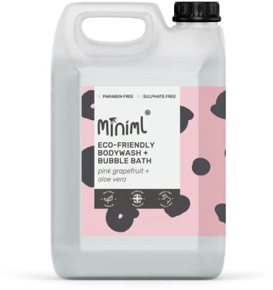 Miniml All Natural Body Wash and Bubble Bath - 5L Refill Moisturising Pink Grapefruit and Aloe Vera Sensitive Skin Eco Shower Gel Bath Soak - Vegan Friendly Hand, Face & Body High Foam Scrub