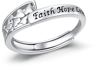 Verstellbare Damen Ringe mit Herz 925 Sterling Silber Gravur Faith Hope Love Ring Inspirierender Ring Ermutigung Schmuck Geschenk für Mutter, Tochter, Mädchen